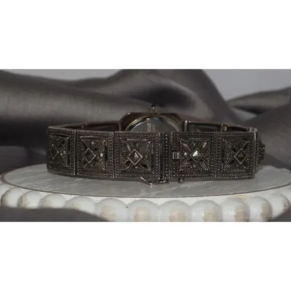 Vintage OBJ Quartz Sterling Silver Marcasite Ladies Watch  display picture 3
